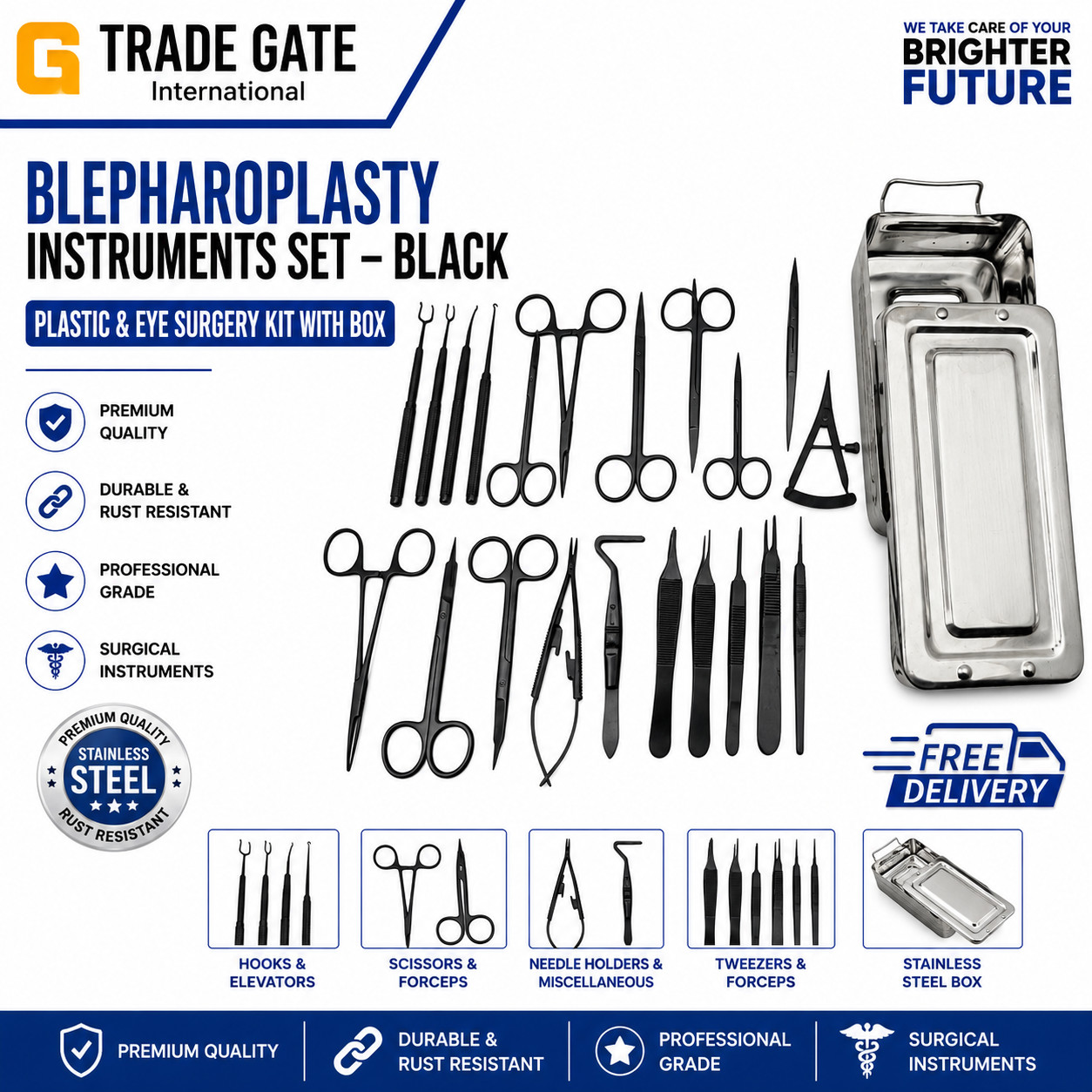 Blepharoplasty Instruments Set – Black | Plastic & Eye Surgery Kit with Box