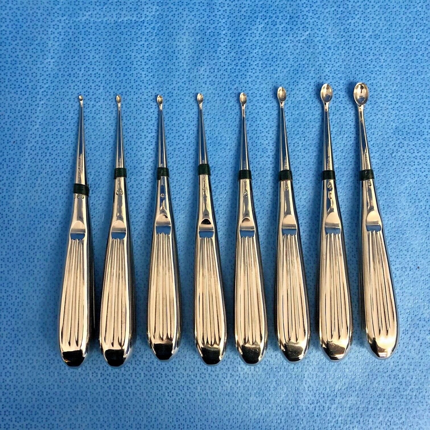 Set of 8 Pilling Weck Mastoid 000-5 Oval Cup 6 1/2″ ENT Curettes