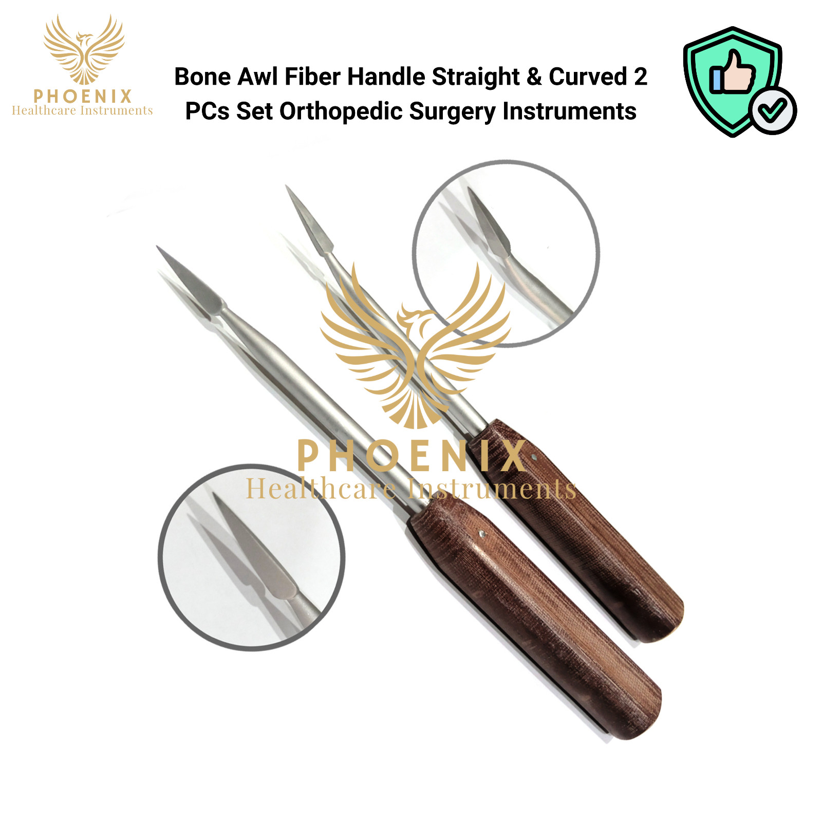 Bone Awl Fiber Handle Straight & Curved 2 PCs Set Orthopedic Surgery Instruments