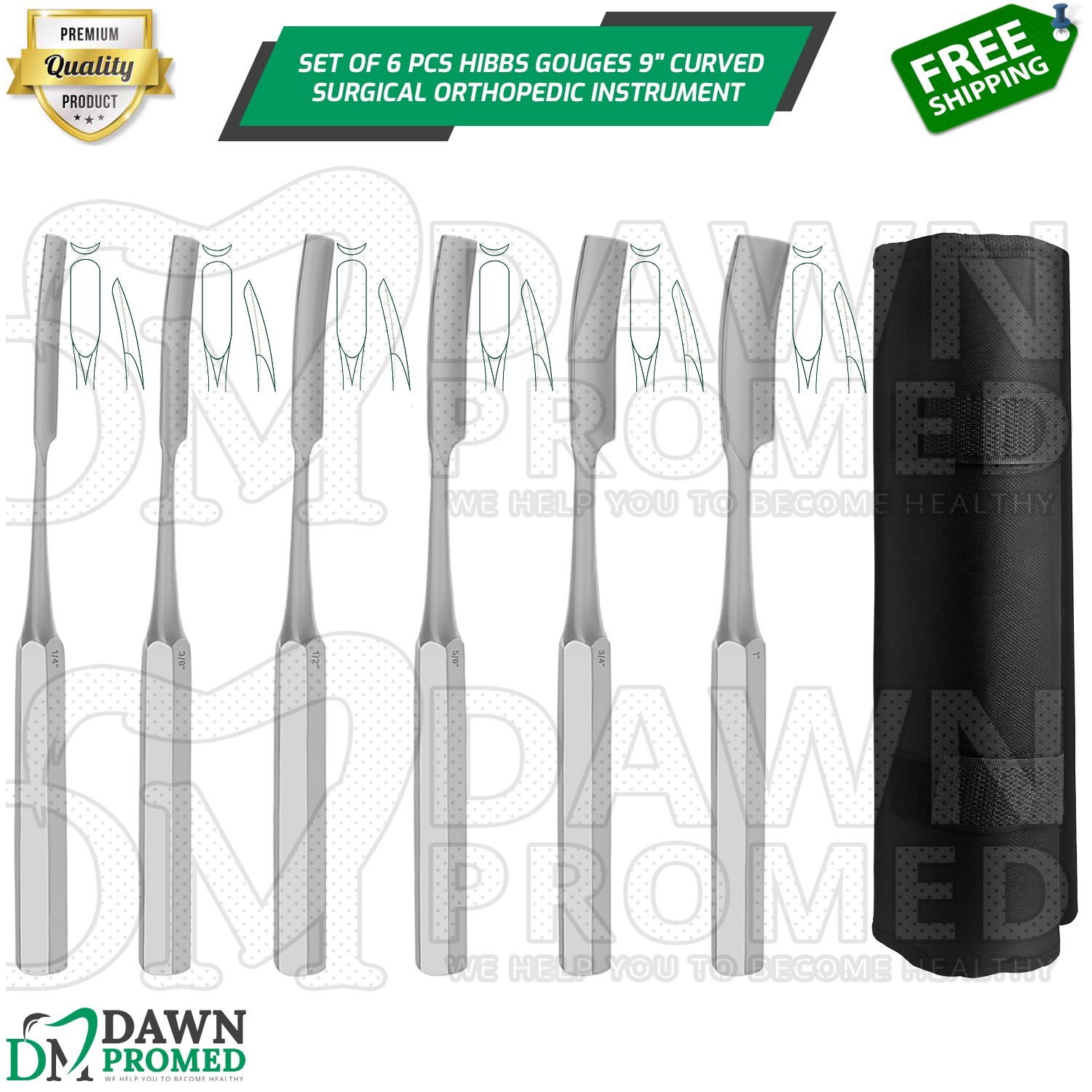 6 Pcs Hibbs Gouges Set Curved 1/4′” – 1″ Orthopedic Instrument German Grade