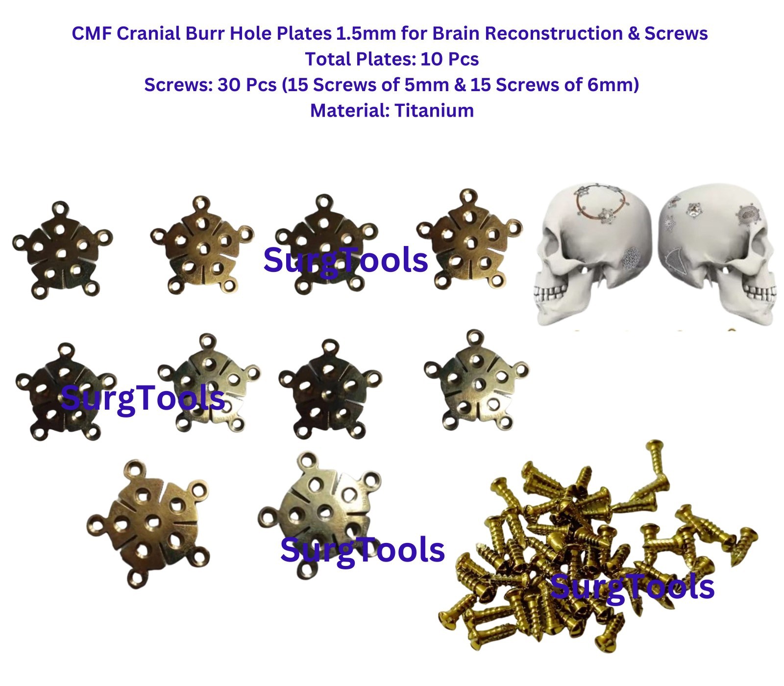 CMF Maxillofacial 1.5mm Burr Hole Plates & Screws 40 Pcs Titanium