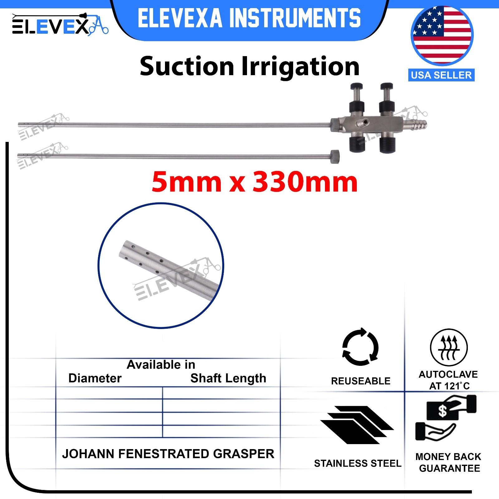 ELEVEXA Laparoscopic Suction Irrigation Cannula 5mm and 10mm Tube Endoscopy 33cm