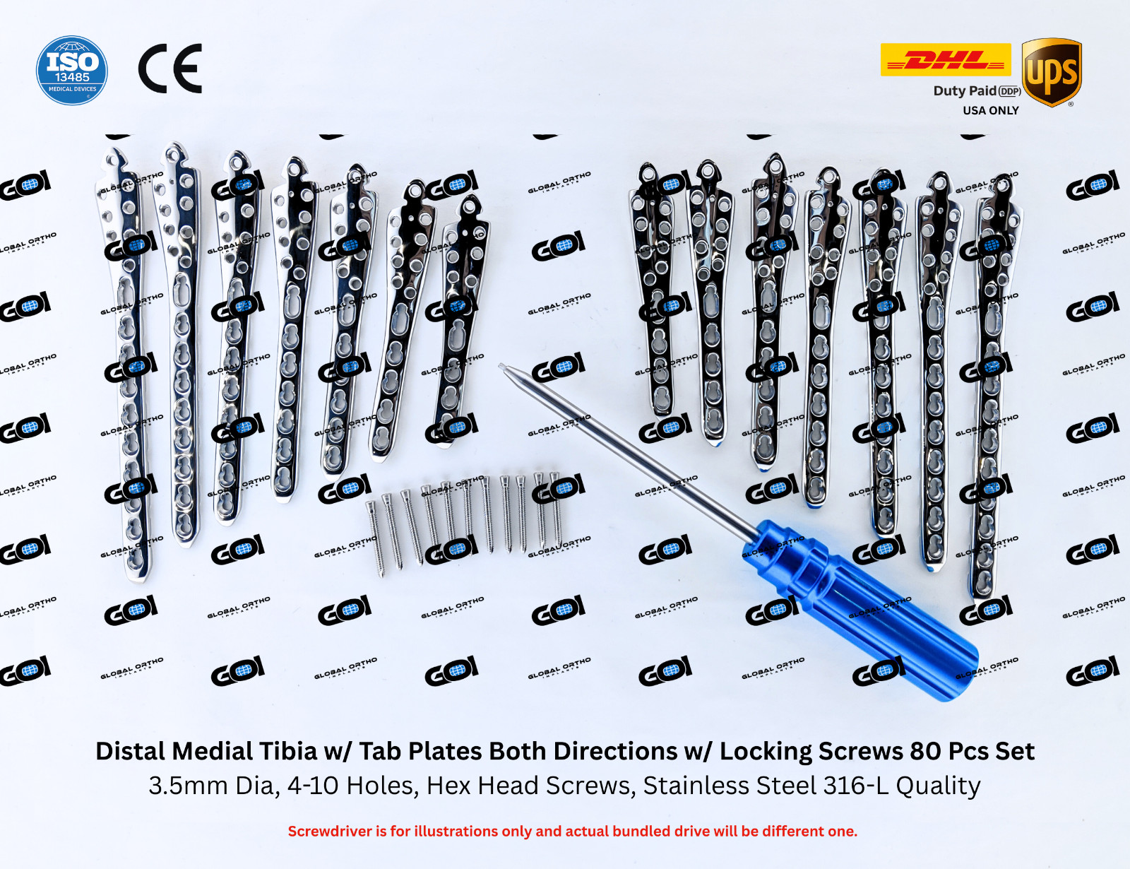 80 Pc 316L SS Medial Tib Plate 3.5mm 4-10 Hole L+R w/ Locking Hex Fasteners OEM