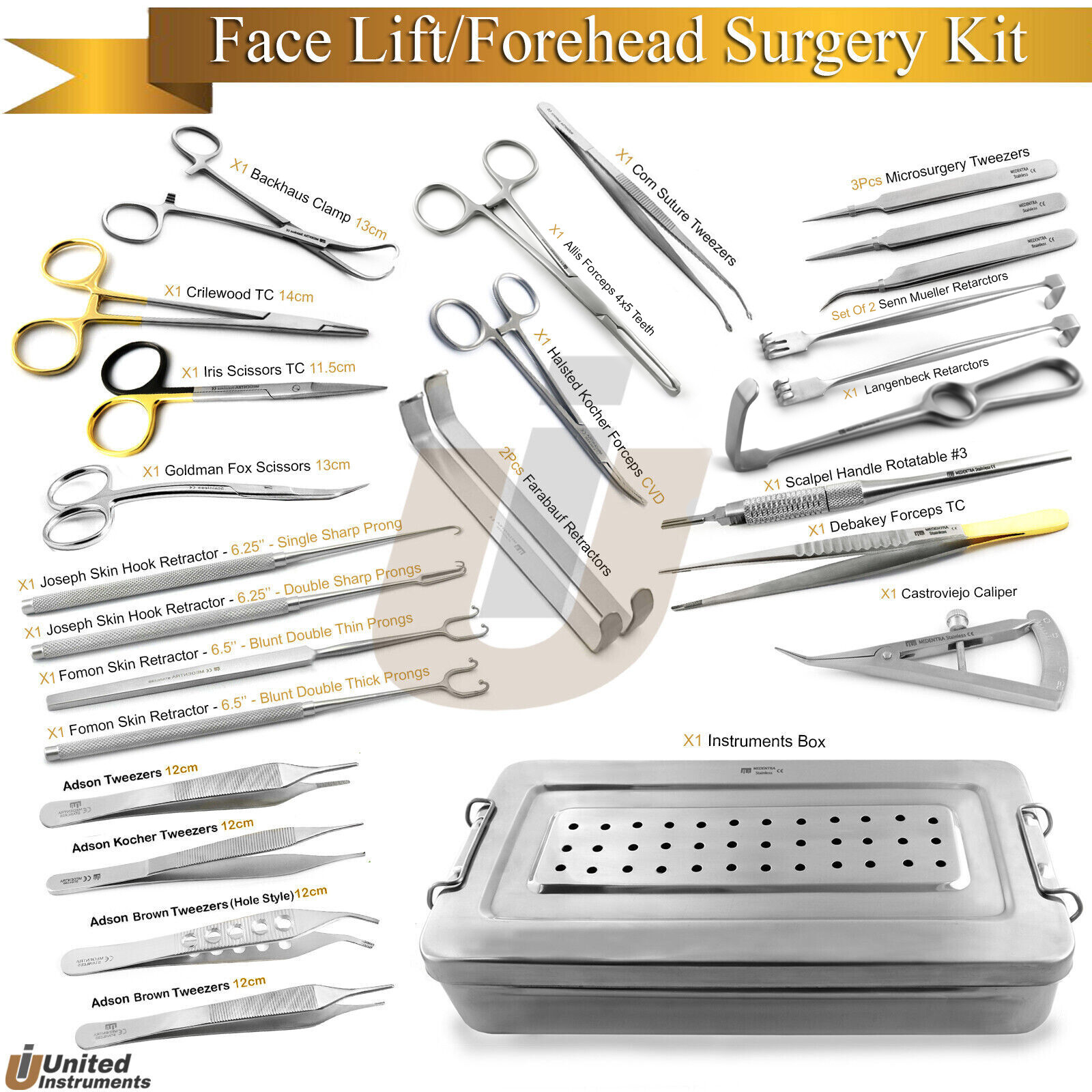 Face & Forehead Lift Surgery Instruments Skin Hooks Micro Tweezers Retractor