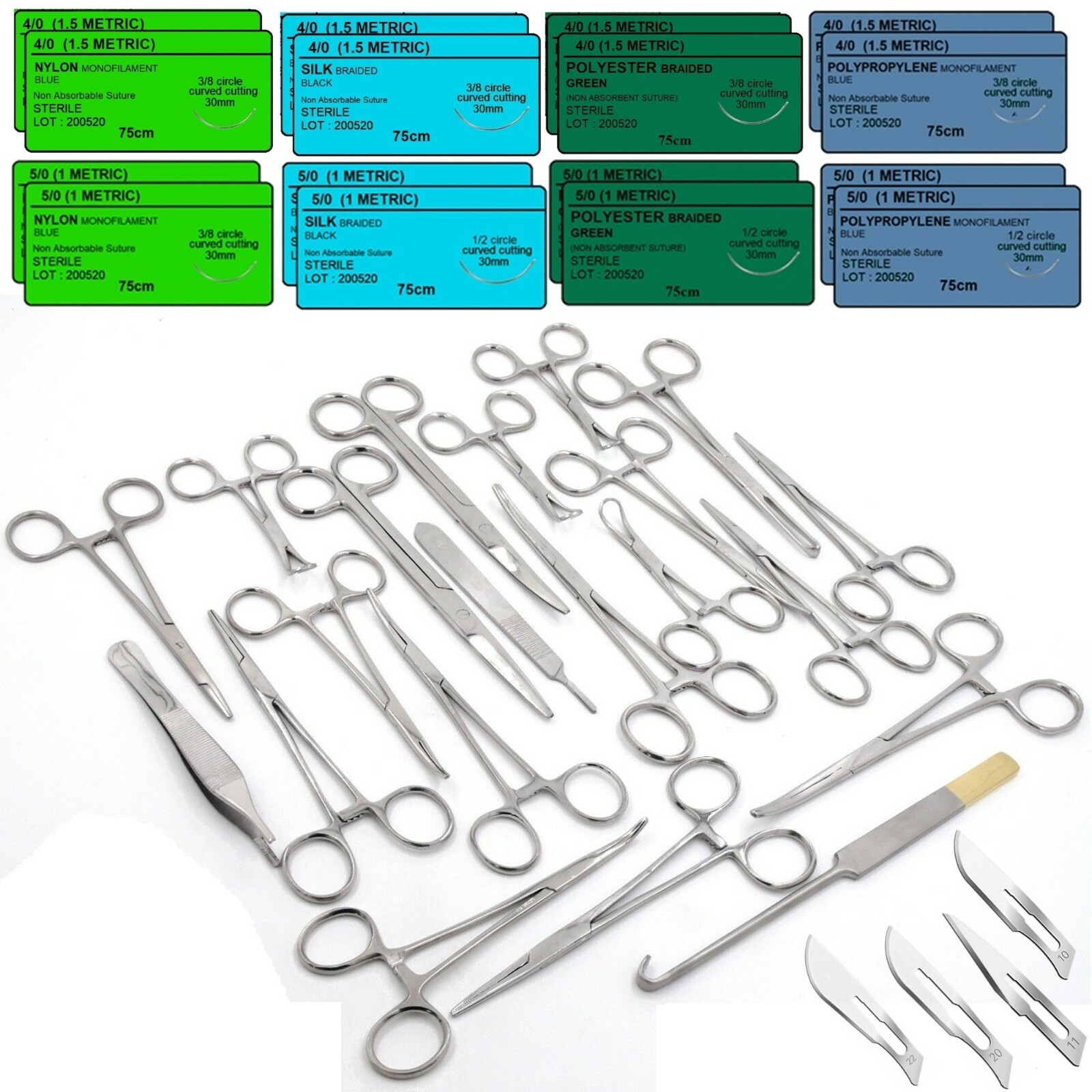 98 Pcs Feline Spay Pack Veterinary Surgical Instruments+Blades+Training Sutures
