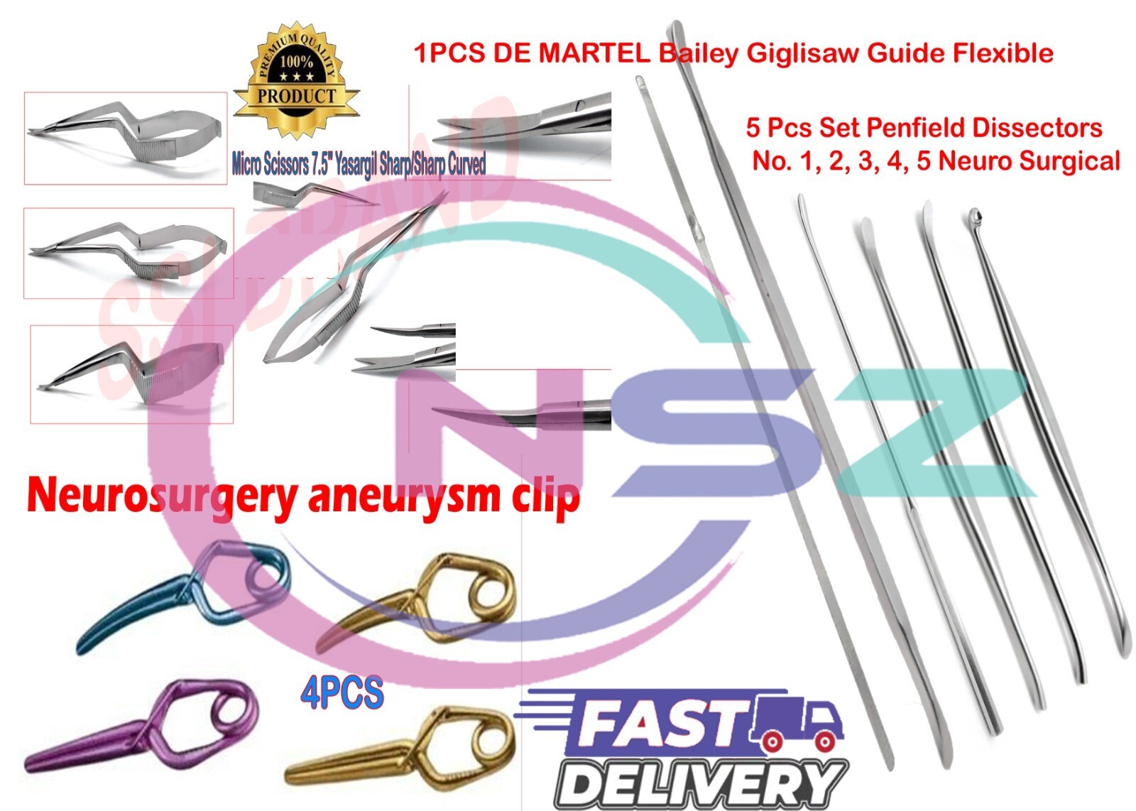 5 Penfield Dissector Set 1-5/DE MARTEL Bailey/4 Aneurysm Clip/Yasargil Scissors