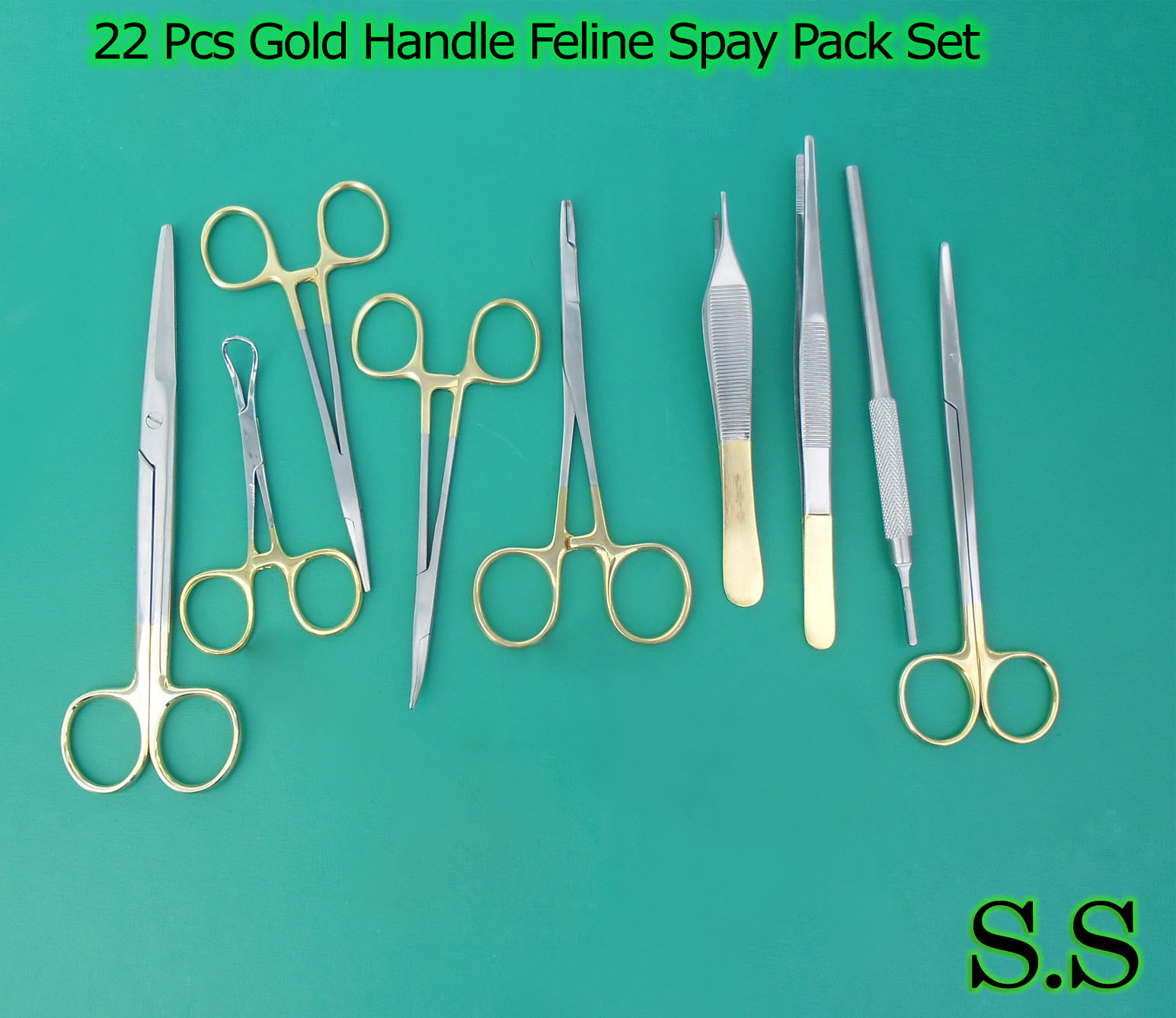 SET OF 22 PCS GOLD HANDLE TC FELINE SPAY PACK SURGICAL INSTRUMENTS KIT DS-1065