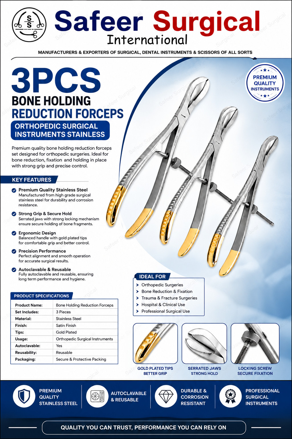 3PCS Bone Holding Reduction Forceps Orthopedic Surgical Instruments Stainless