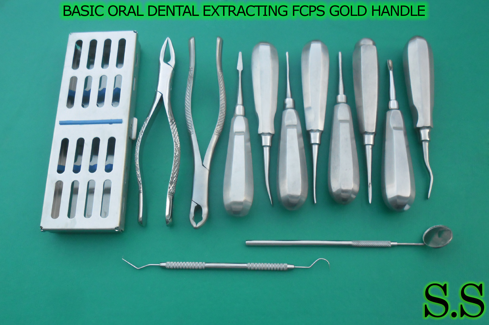 14 PCS BASIC ORAL DENTAL EXTRACTING FCPS SURGICAL INSTRUMENTS KIT GOLD HANDLE