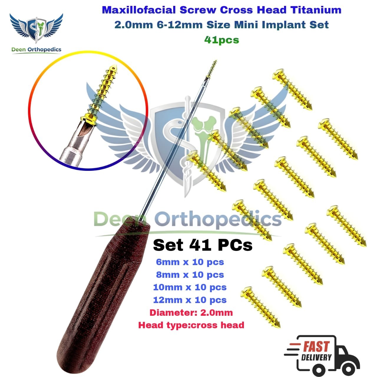 Maxillofacial screw cross head titanium 2.0mm 6-12mm size mini implant set 41pcs