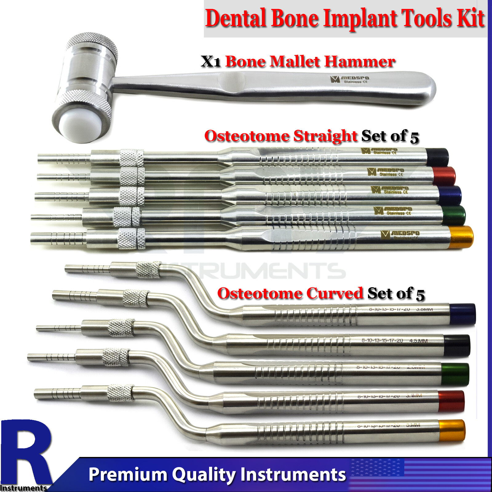 Bone Spreading Osteotomes Straight+Curved Bone Implant Mallet Mead Hammer Tools
