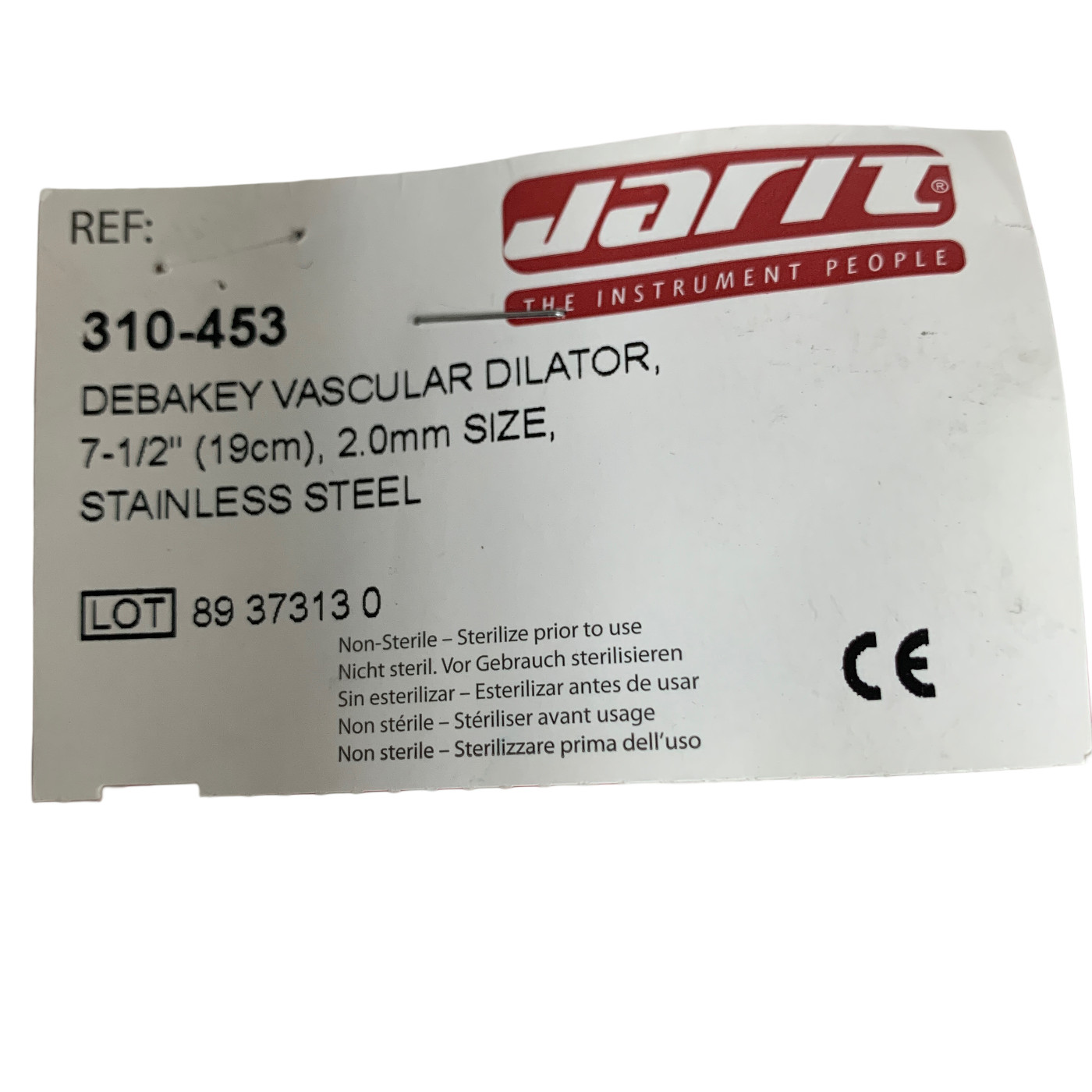 Jarit 310-453 DeBakey Vascular Dilator 7-1/2 inch 2.0 mm New Stainless Steel