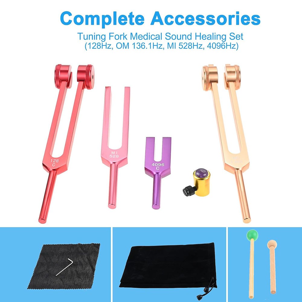 Tuning Fork Set with Activator Hammers and Bag- 128Hz OM 136.1Hz MI 528Hz 4096Hz