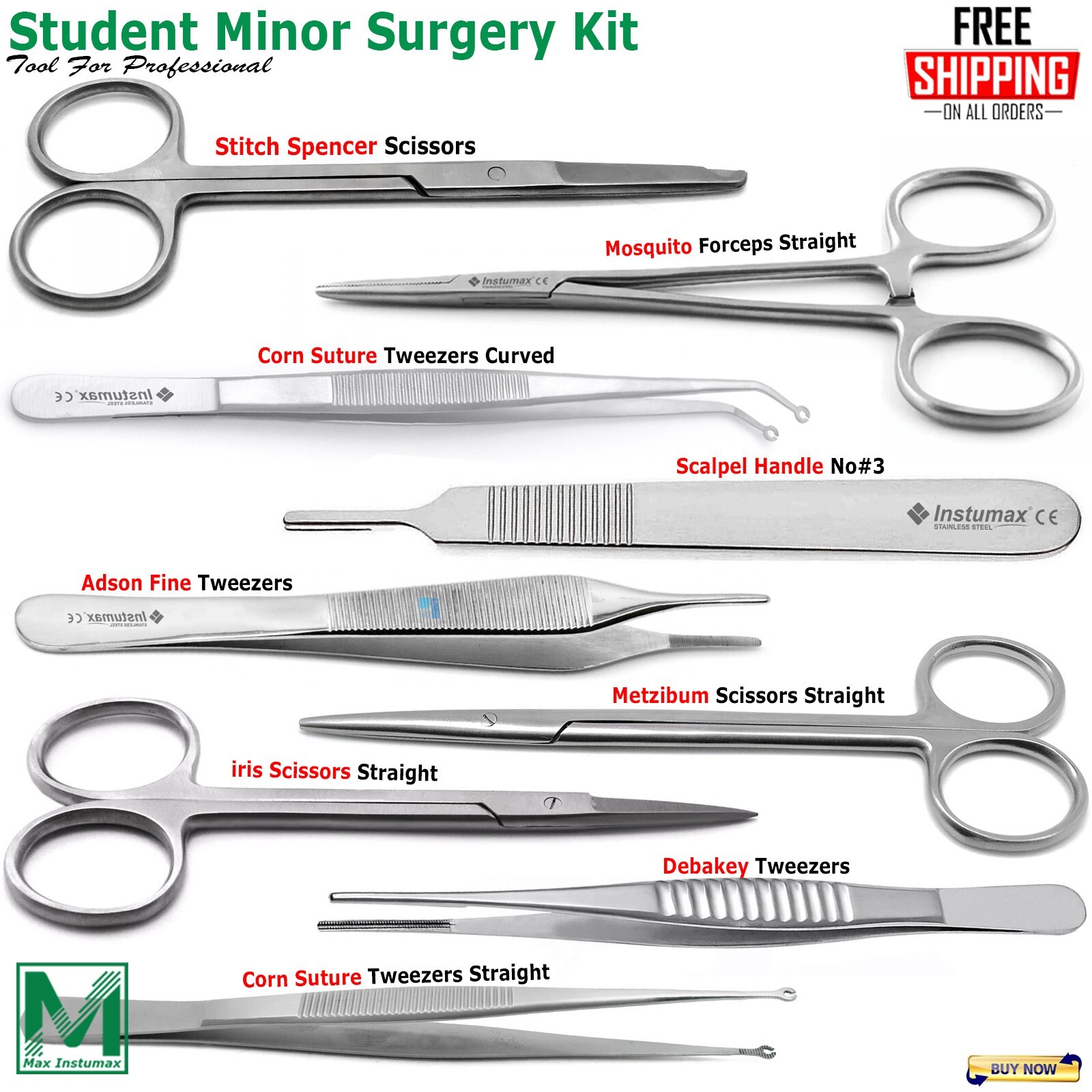 9 Pcs Student Minor Surgery Kit Set Surgical Instruments Stainless German Grade