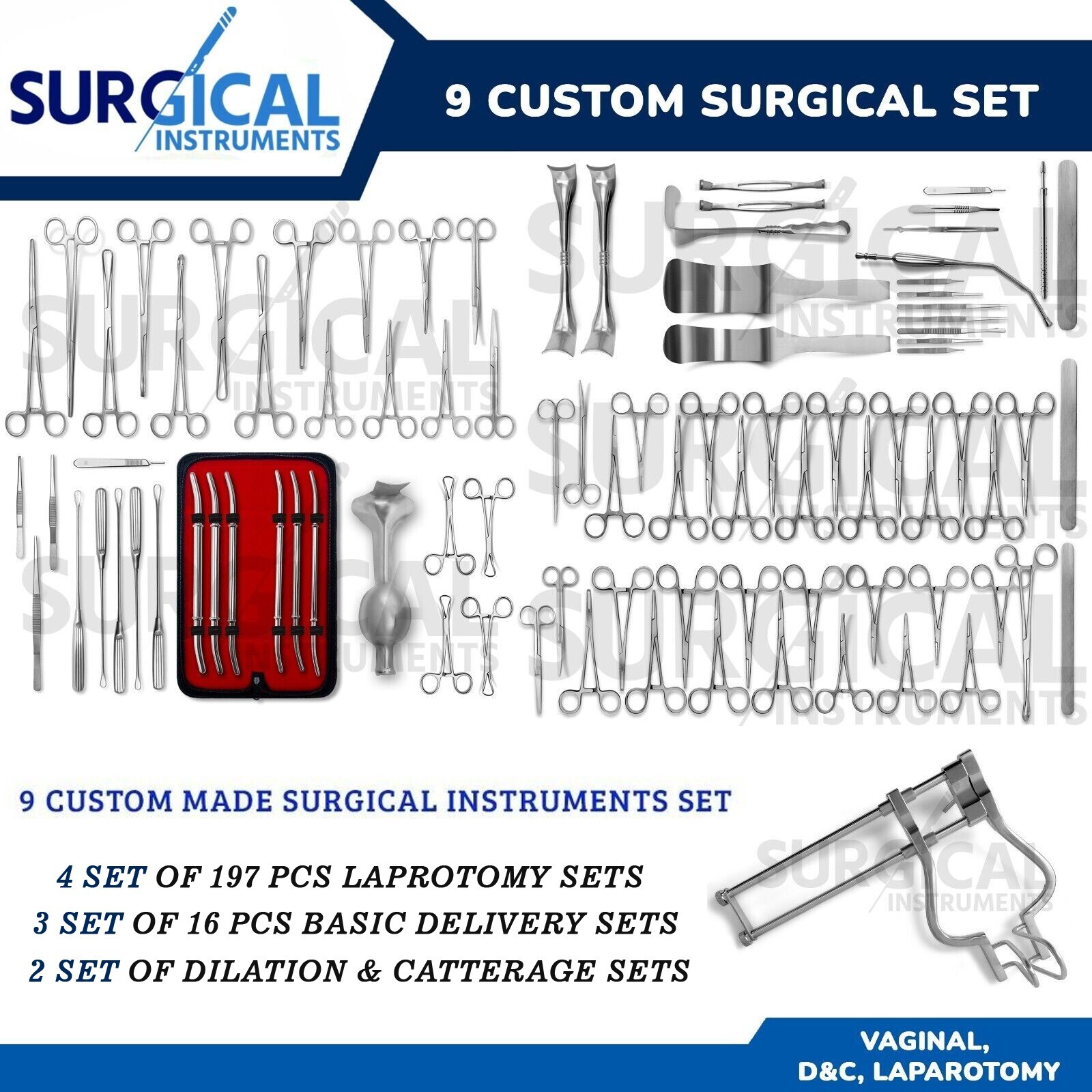 9 Custom Surgical Instruments Set lots of Vaginal, D&C, Laparotomy, Delivery Set