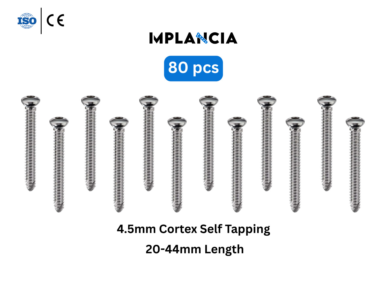 4.5mm Cortex Self Tapping Hex Socket Screws Stainless Steel 316L 80 Pcs Set