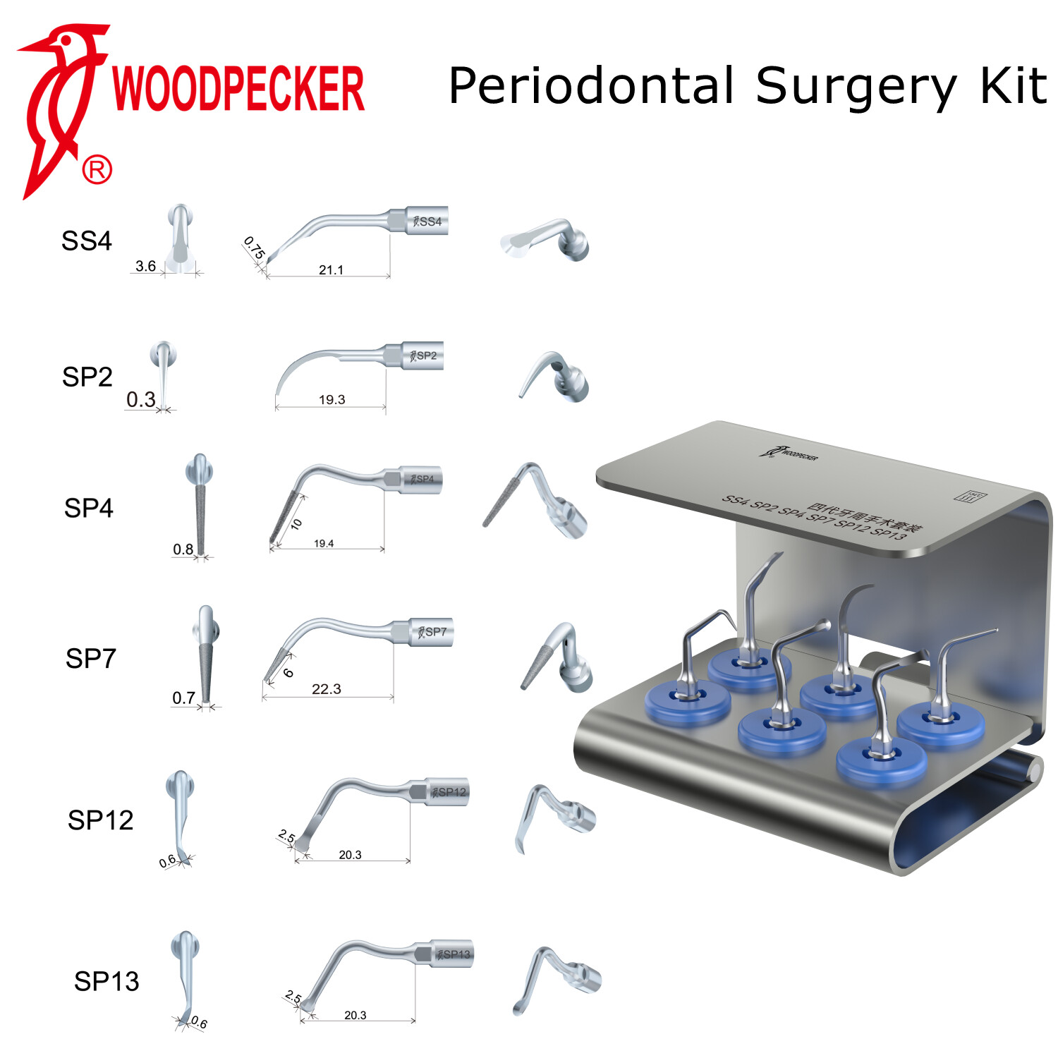Woodpecker 6pcs Piezo Bone Surgery Tips Kit for Surgic Smart Bone Cutting Unit