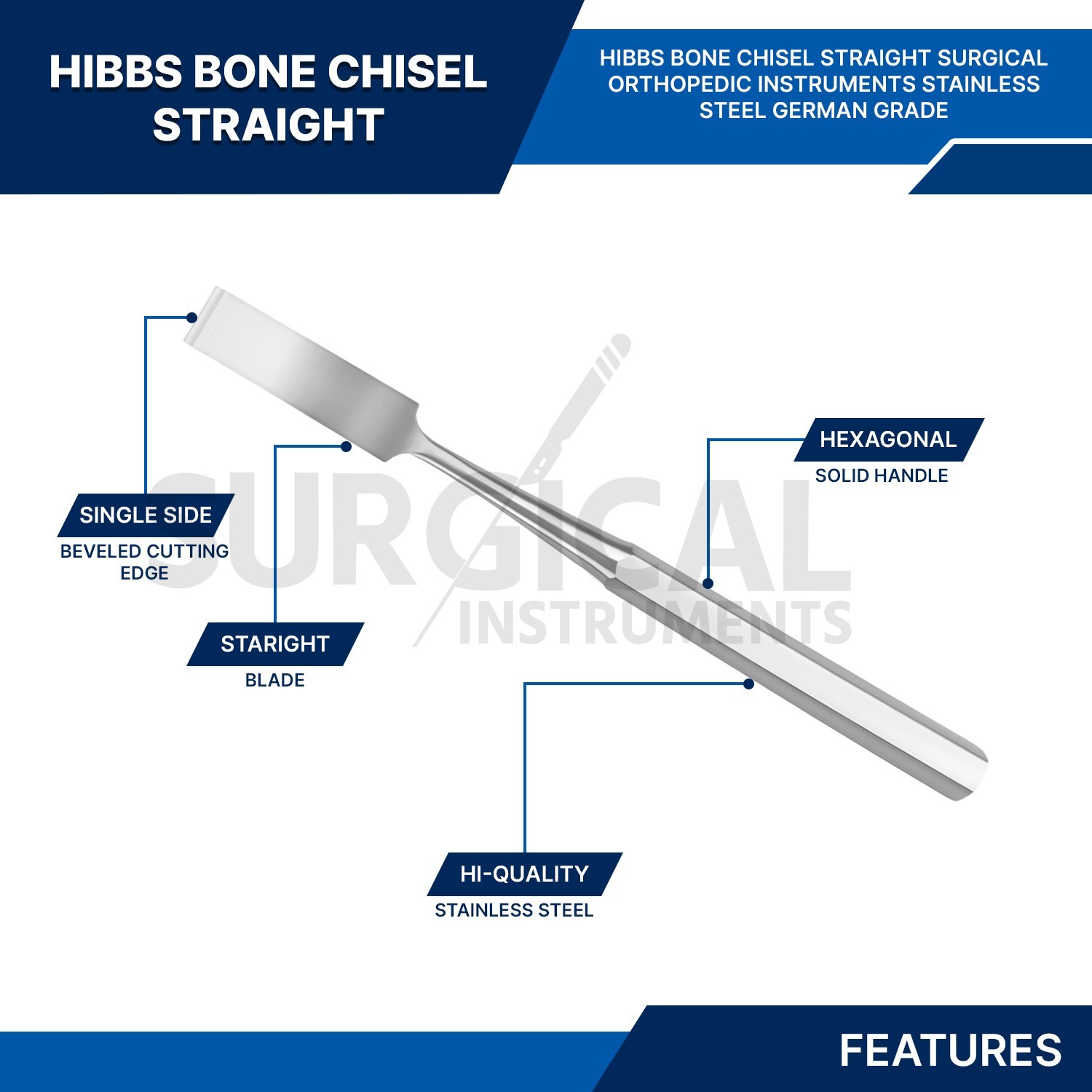 HIBBS Chisel 9″ with 5/8″ (1.6cm) Straight Blade Orthopedic Instrument German Gr
