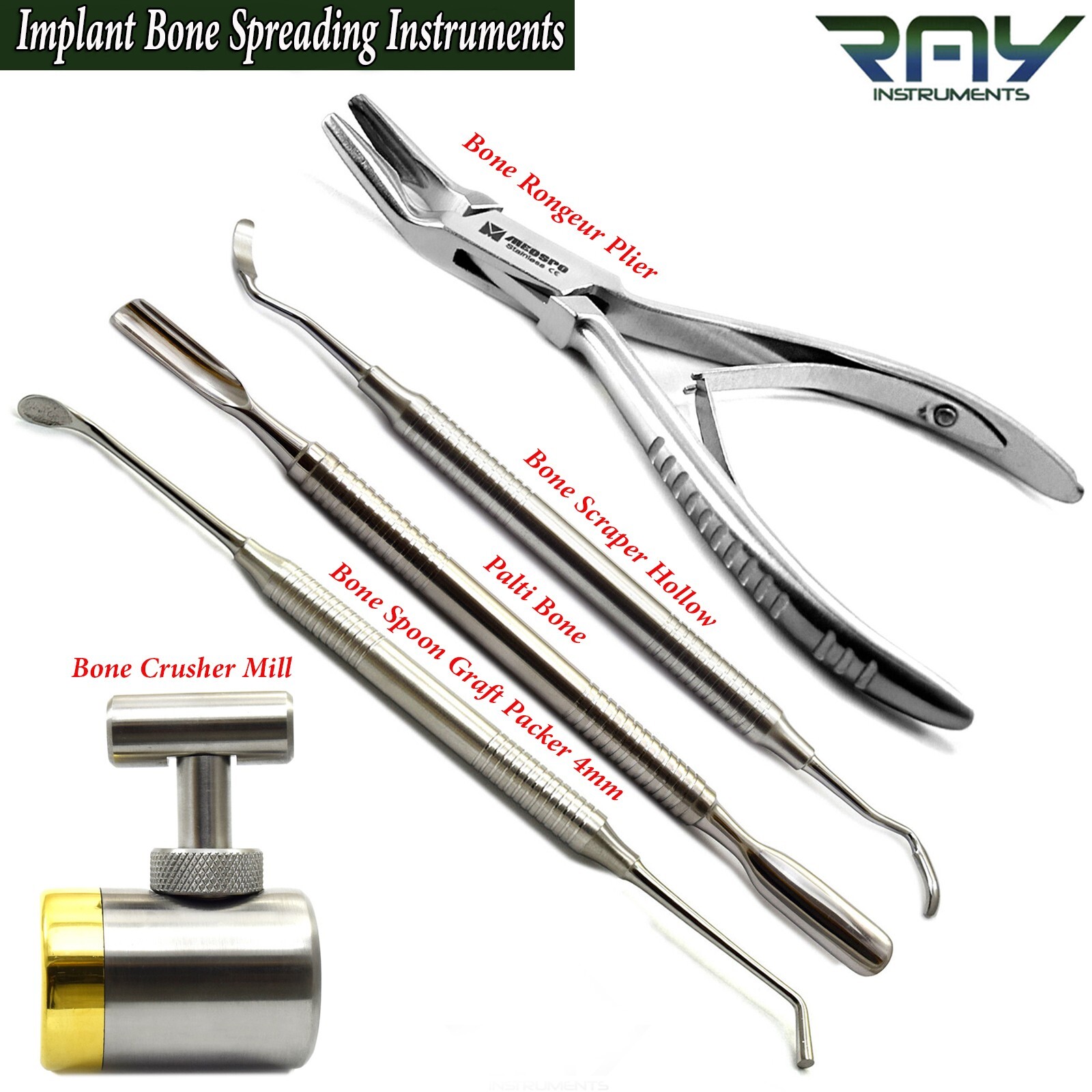 Dental Implant Bone Crusher Mill Spoon Graft Packer Scraper Bone Rongeur Plier