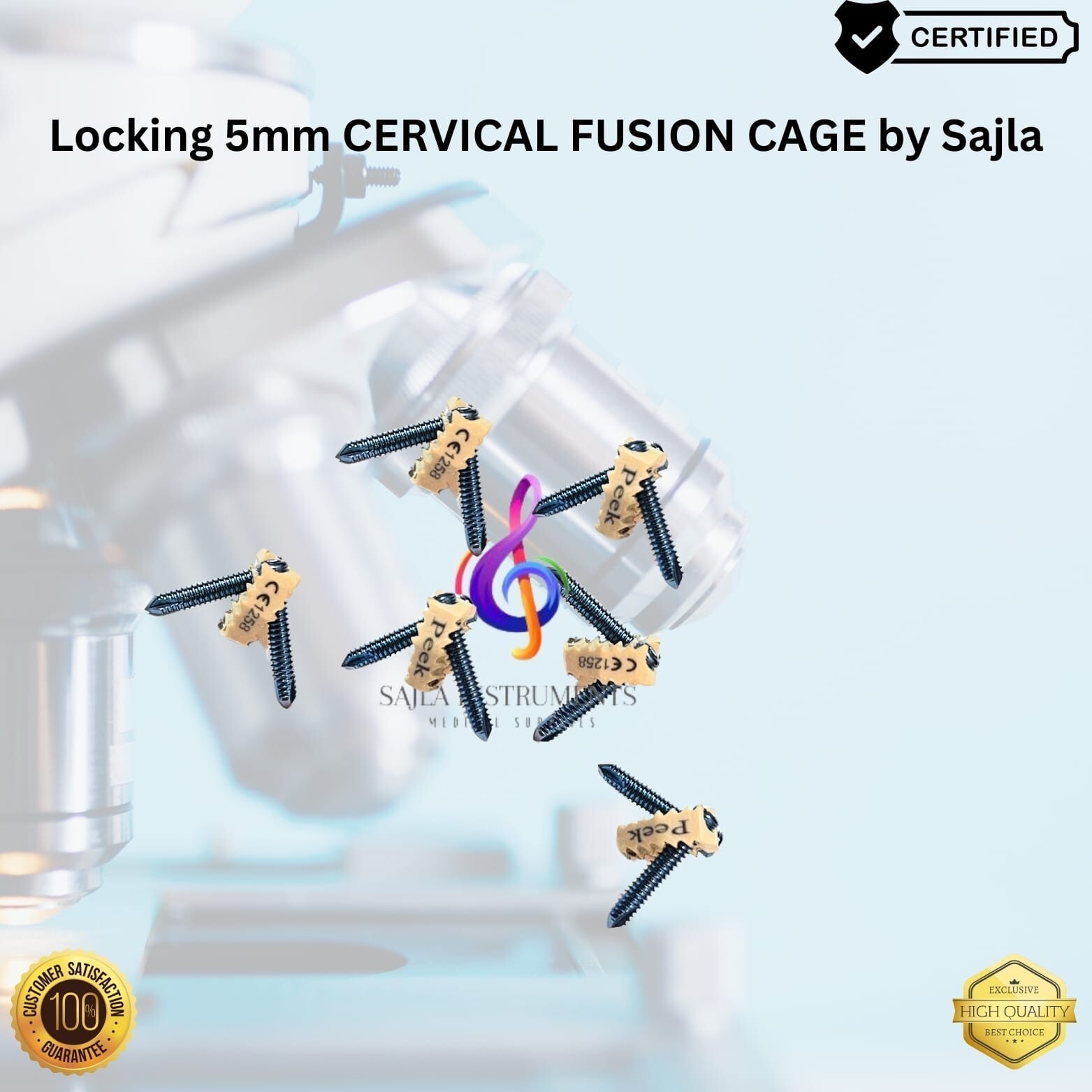 CERVICAL FUSION SPINE CAGE Locking 5mm(PEEK Material) with SCREWS 16Pcs by sajla