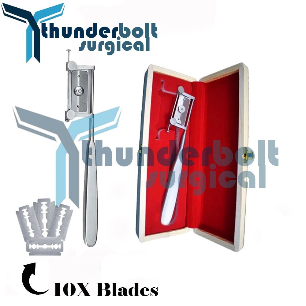 Plastic Surgery Skin Graft Knife with 10 Dermatome Skin Blade and Wooden Box