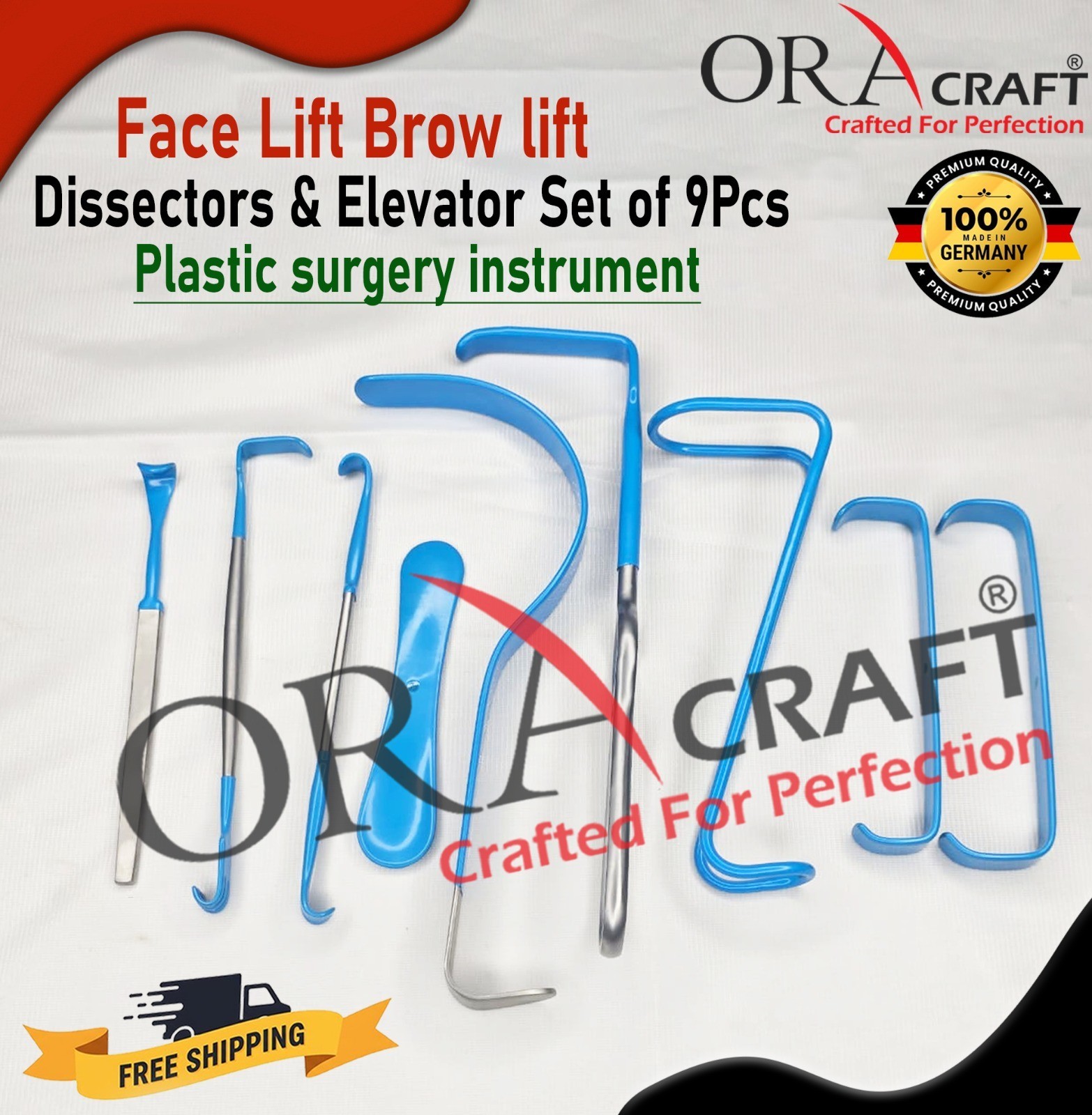 Face Lift & Brow Lift Dissector Elevator Set 9Pcs Plastic Surgery Instrument