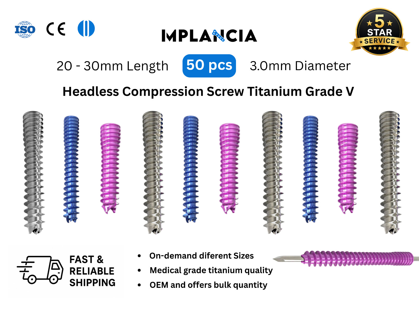 3.0mm Titanium Headless Threaded Fastener Precision Alloy Multiple Length 50 pcs