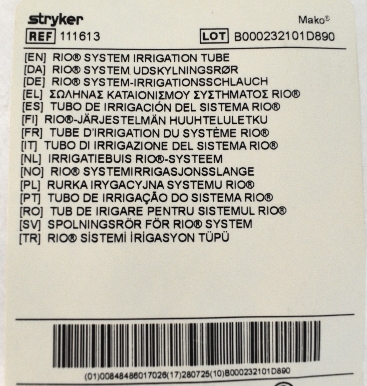 Mako Stryker RIO System Irrigation Tube # 111613 Exp Date 2028-07-25 Lot of 5