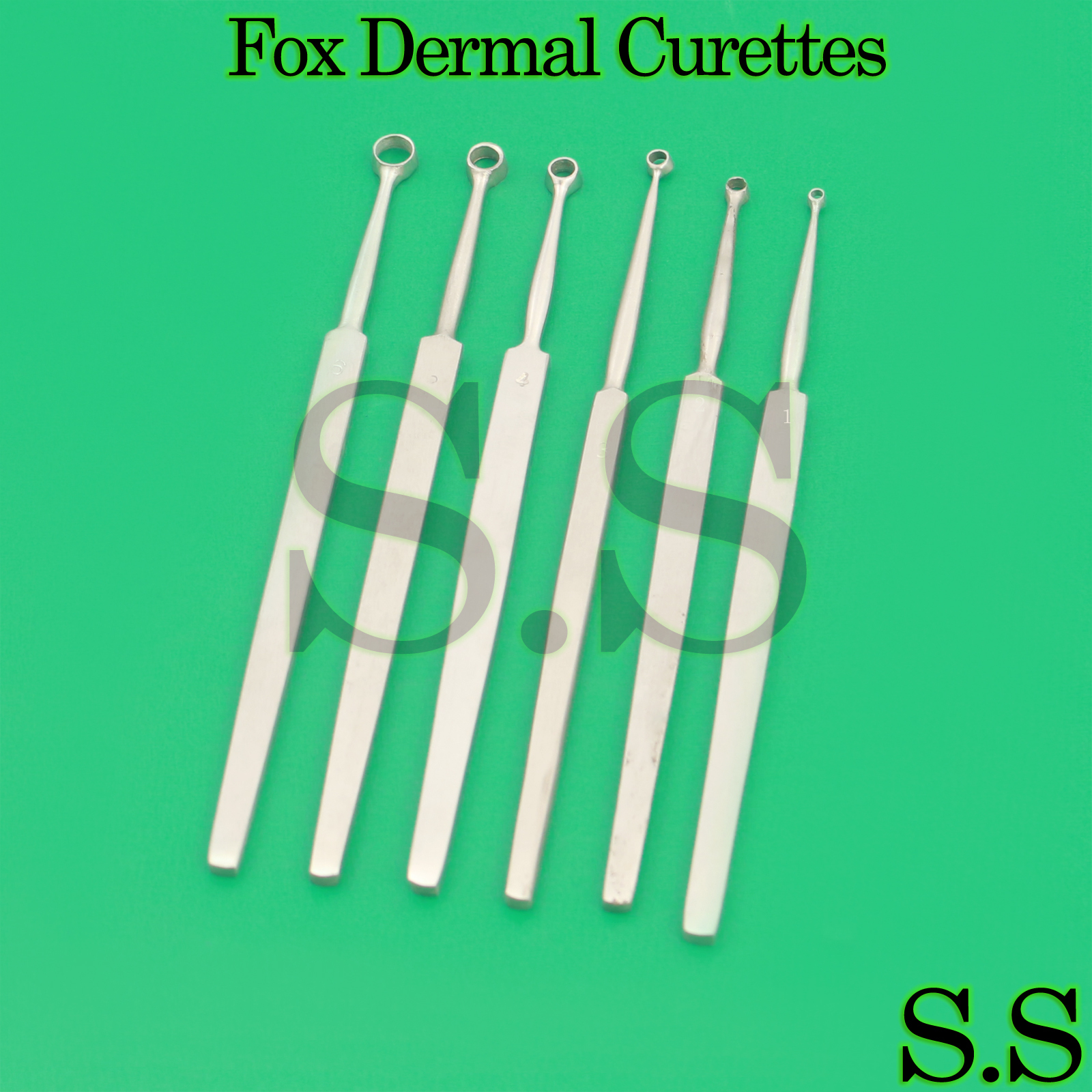 Fox Dermal Curettes Dermatology 1mm,2mm,3mm,4mm,5mm,6mm ENT 6 Pcs Instruments
