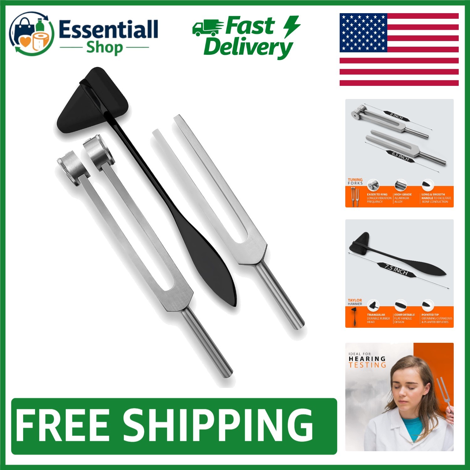 Superior Diagnostic Set: 3-Pc Aluminum Tuning Forks & Taylor Hammer, C128 & C512