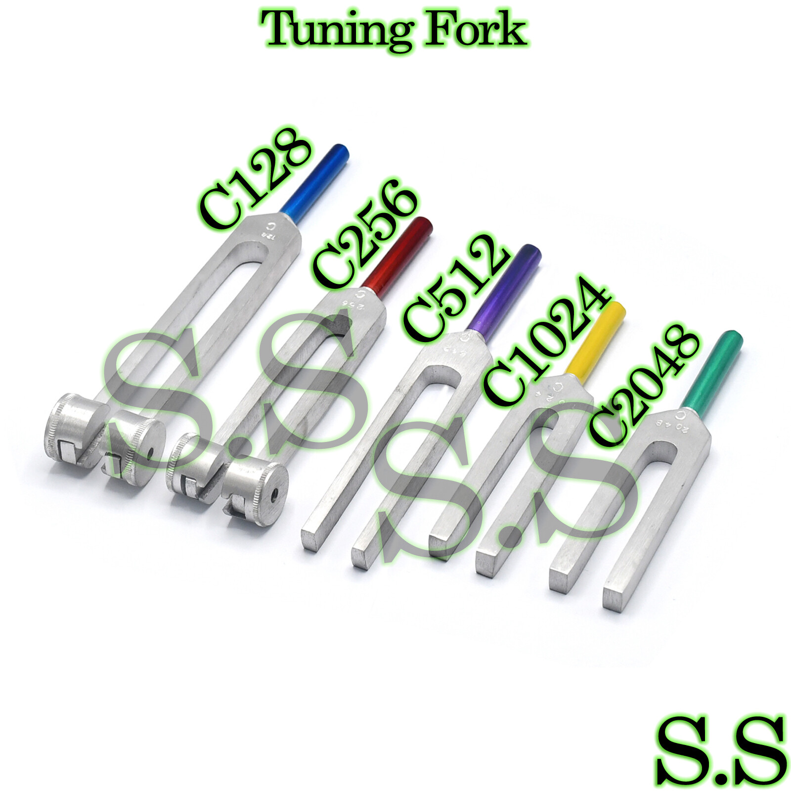 5 Pieces Color Coated Tuning Fork Set C128, C256, C512 C1024, C2048, Surgical