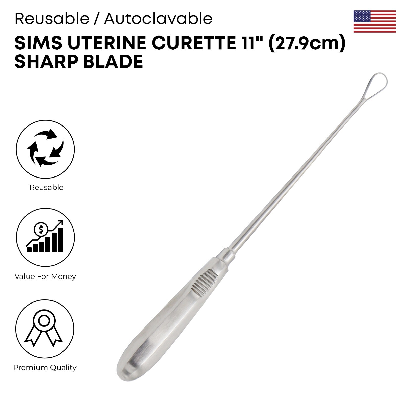 Sims Uterine Curette 11″ Sharp Blade Stainless Steel German Grade Surgical Tool