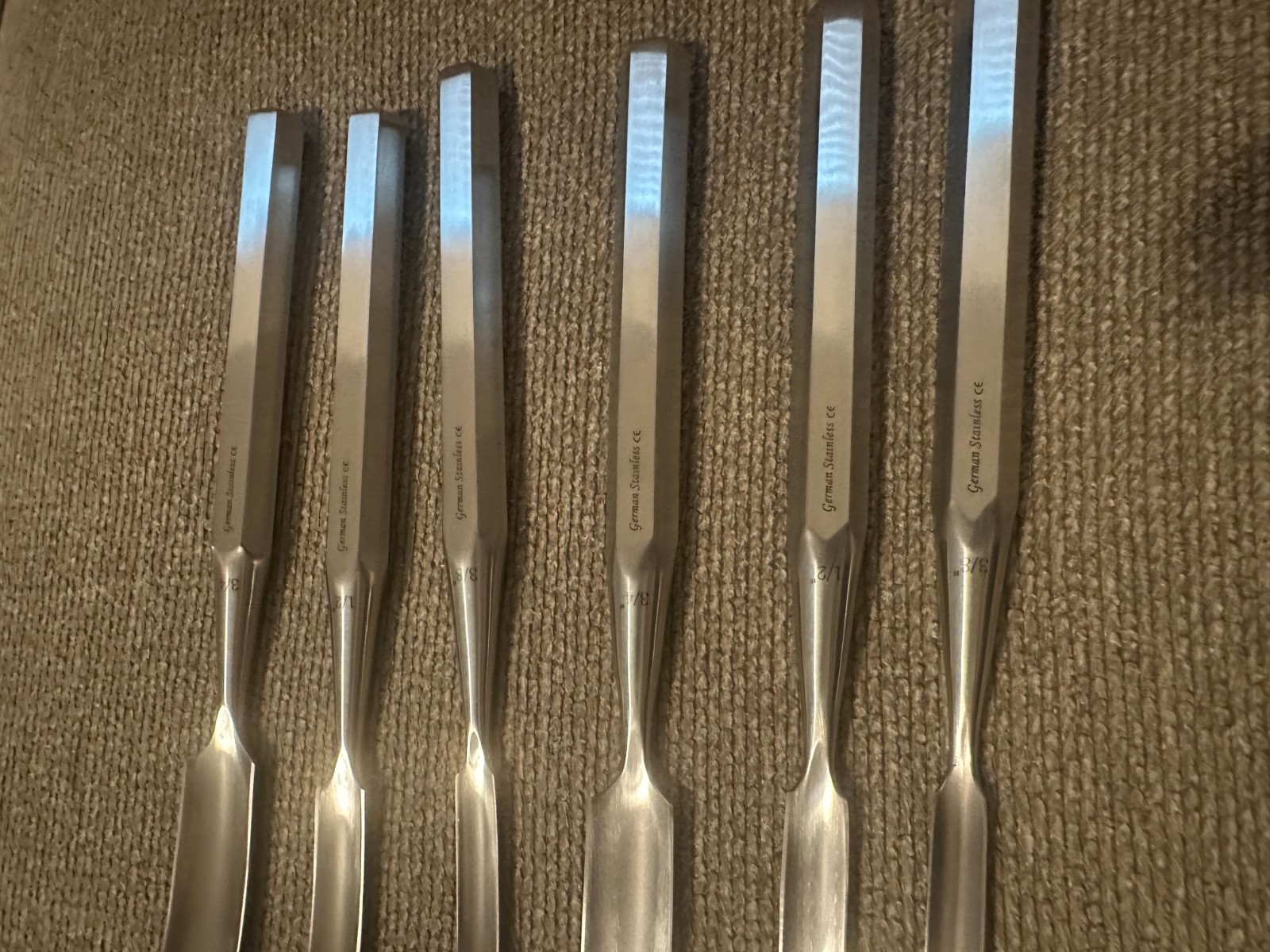 SET OF 6 PCS ORTHOPEDIC HIBBS GOUGES 9″ STRAIGHT & CURVED 3/8″,1/2″,3/4″ WIDE