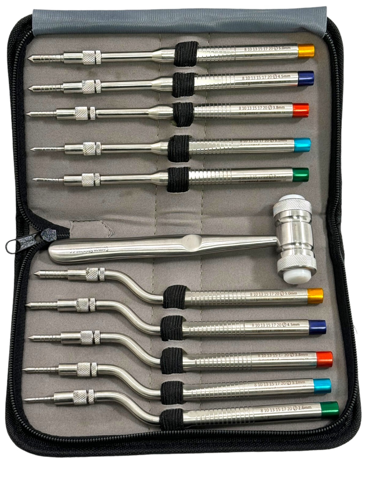 10PCS Osteotome Convex Offset + Straight, w/ Mallet – Color Coded Instruments