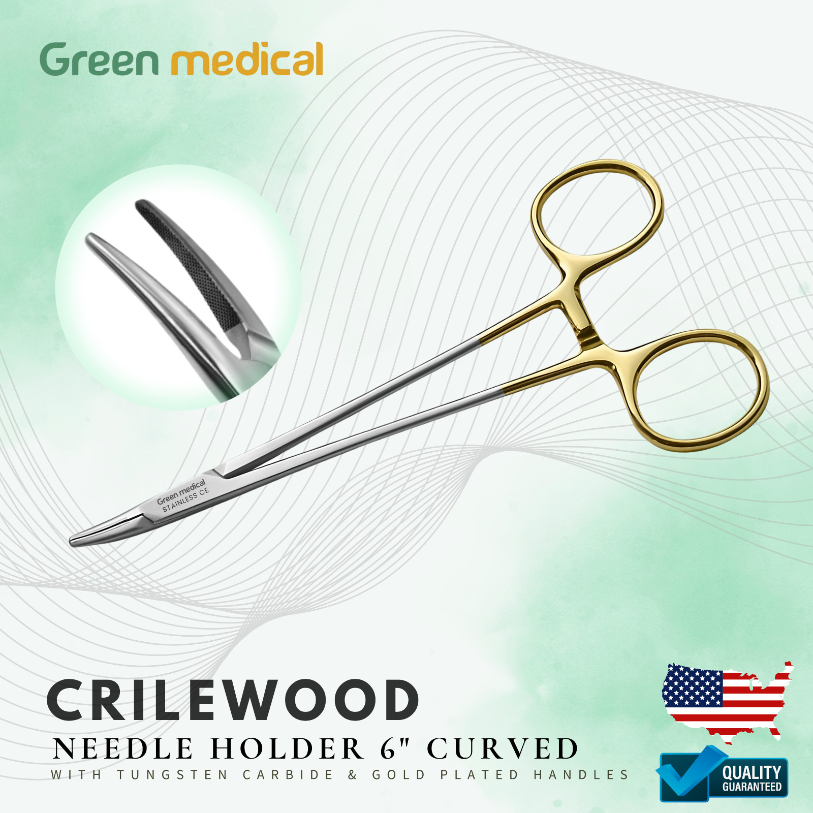 Crilewood Needle Holder 6″ Curved with Tungsten Carbide & Gold Plated Handles