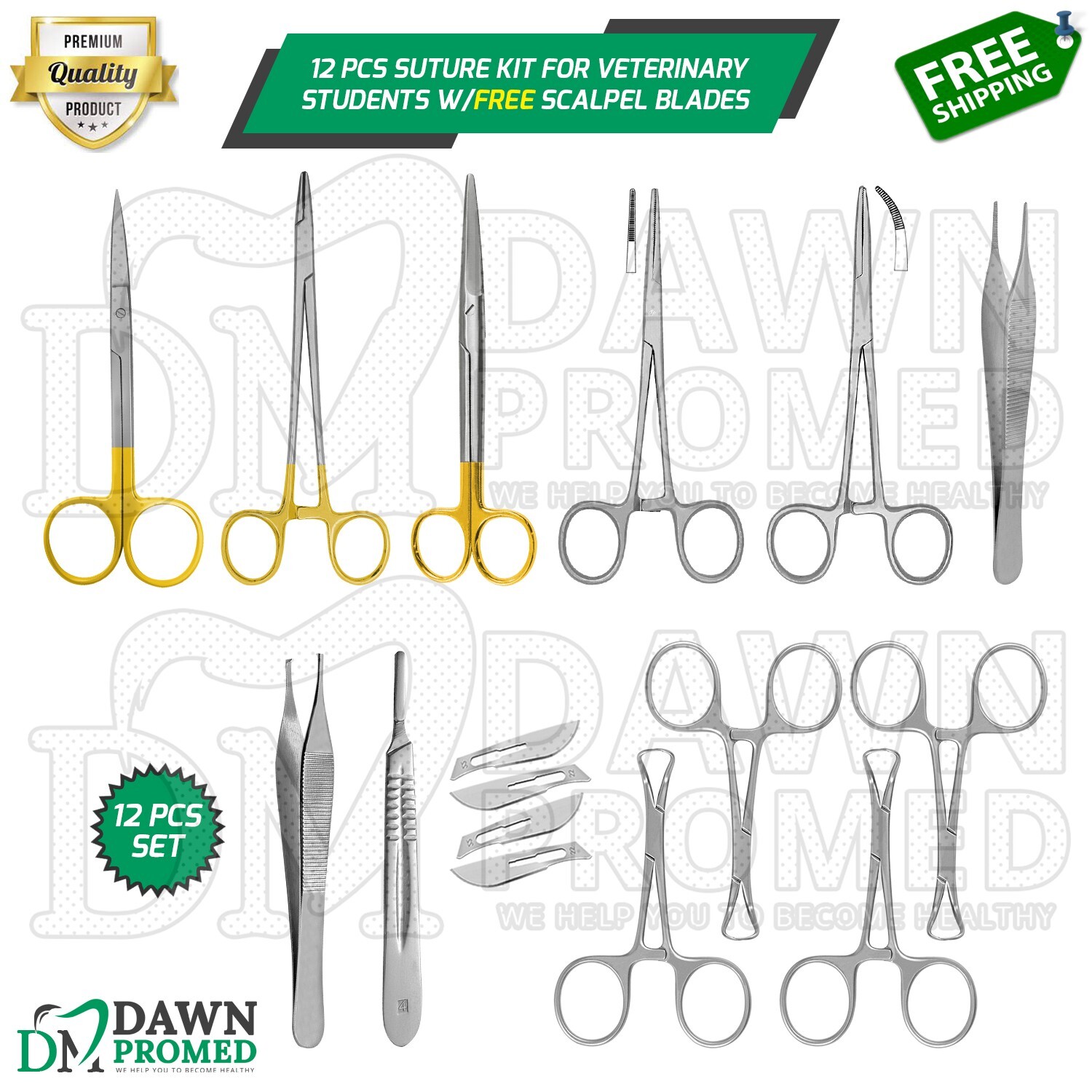 12 Pcs Suture Kit For Veterinary Students W/Free Blades Surgical Inst German Gr