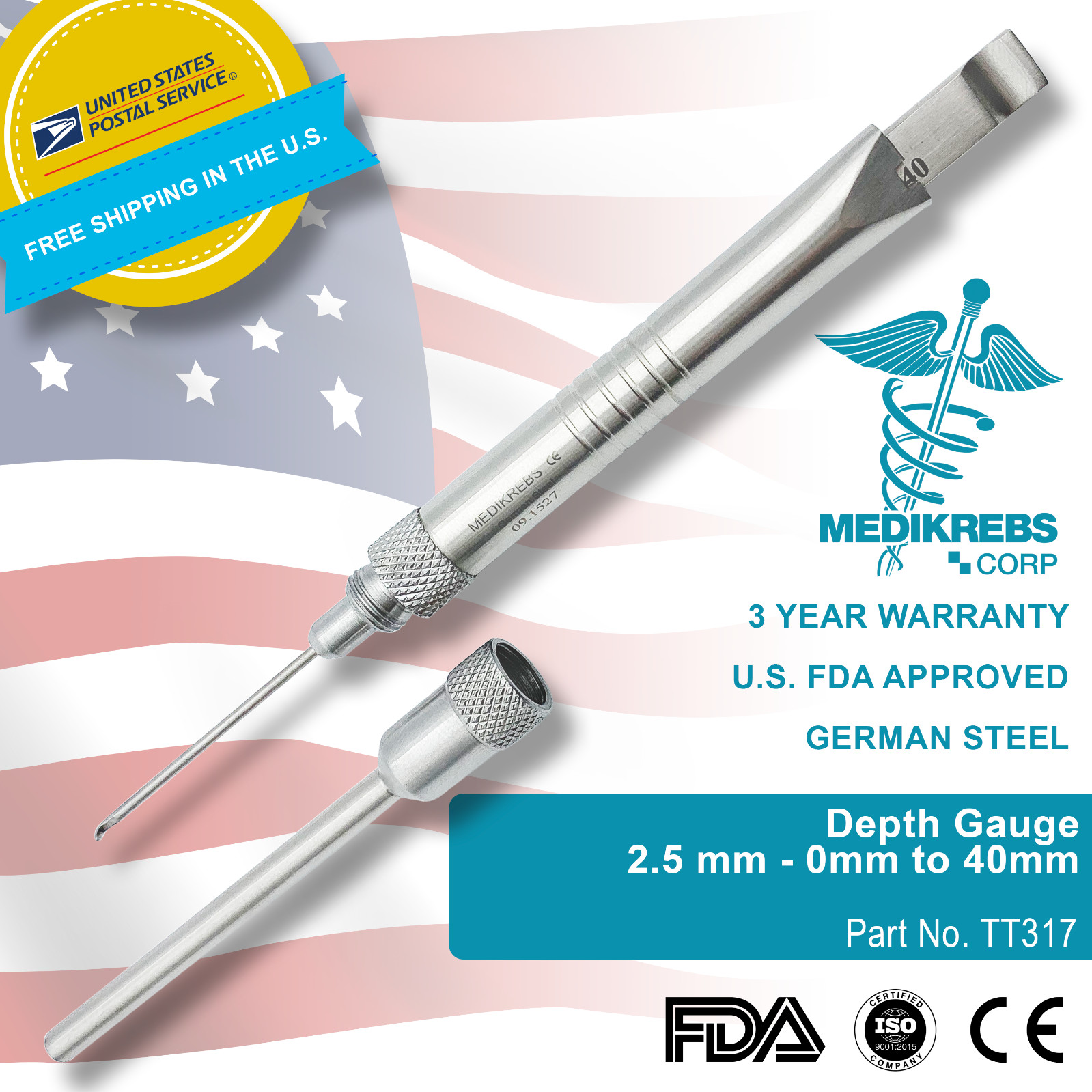 Depth Gauge 2.5 mm – 0mm to 40mm Orthopedic OR Grade Surgical Instruments