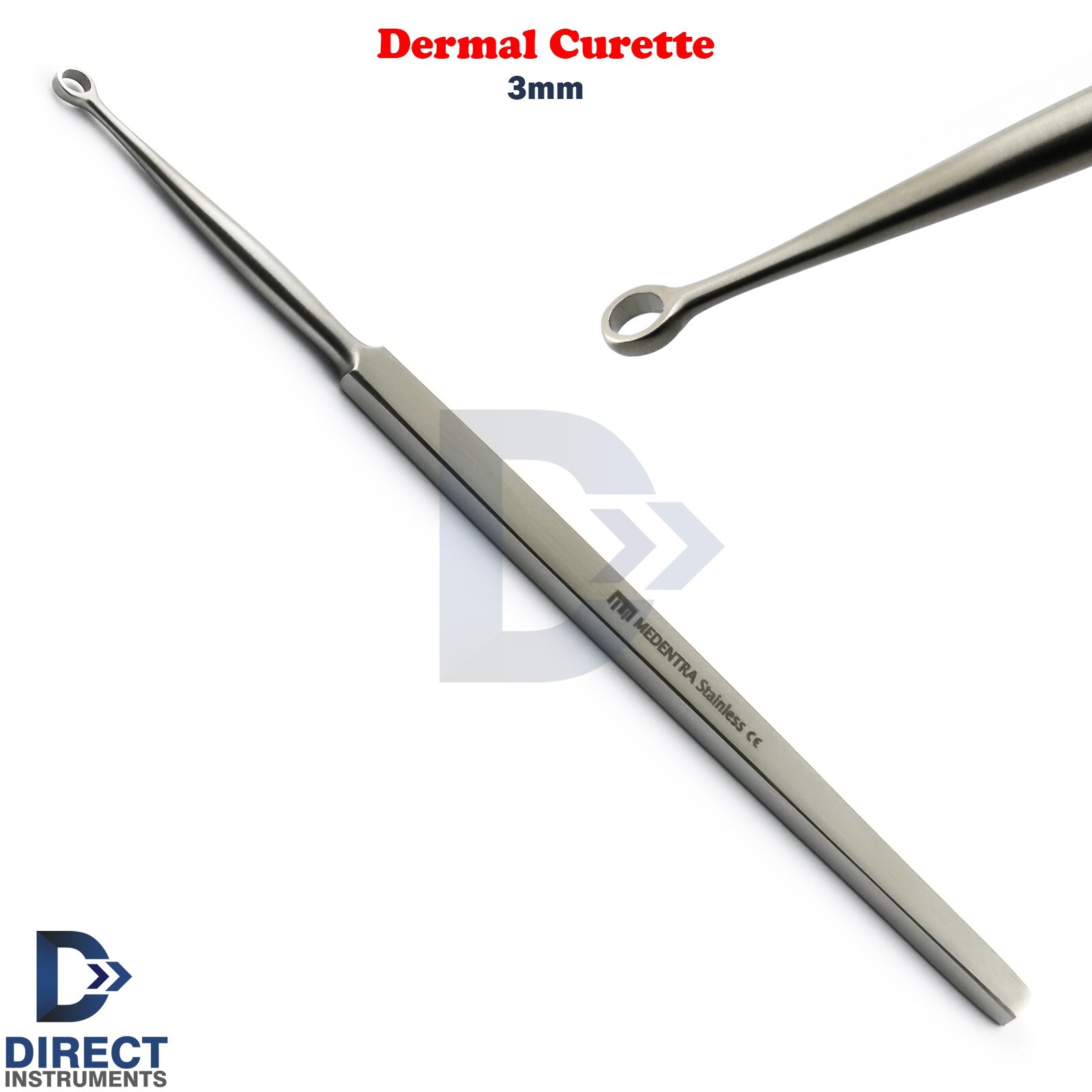 3mm Dermal Curette Round Loop Tip Single End Dermatology Scraper Stainless Steel