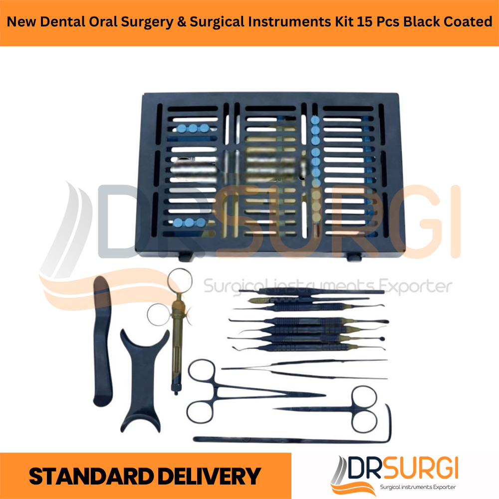 New Dental Oral Surgery & Surgical Instruments Kit 15 Pcs Black Coated