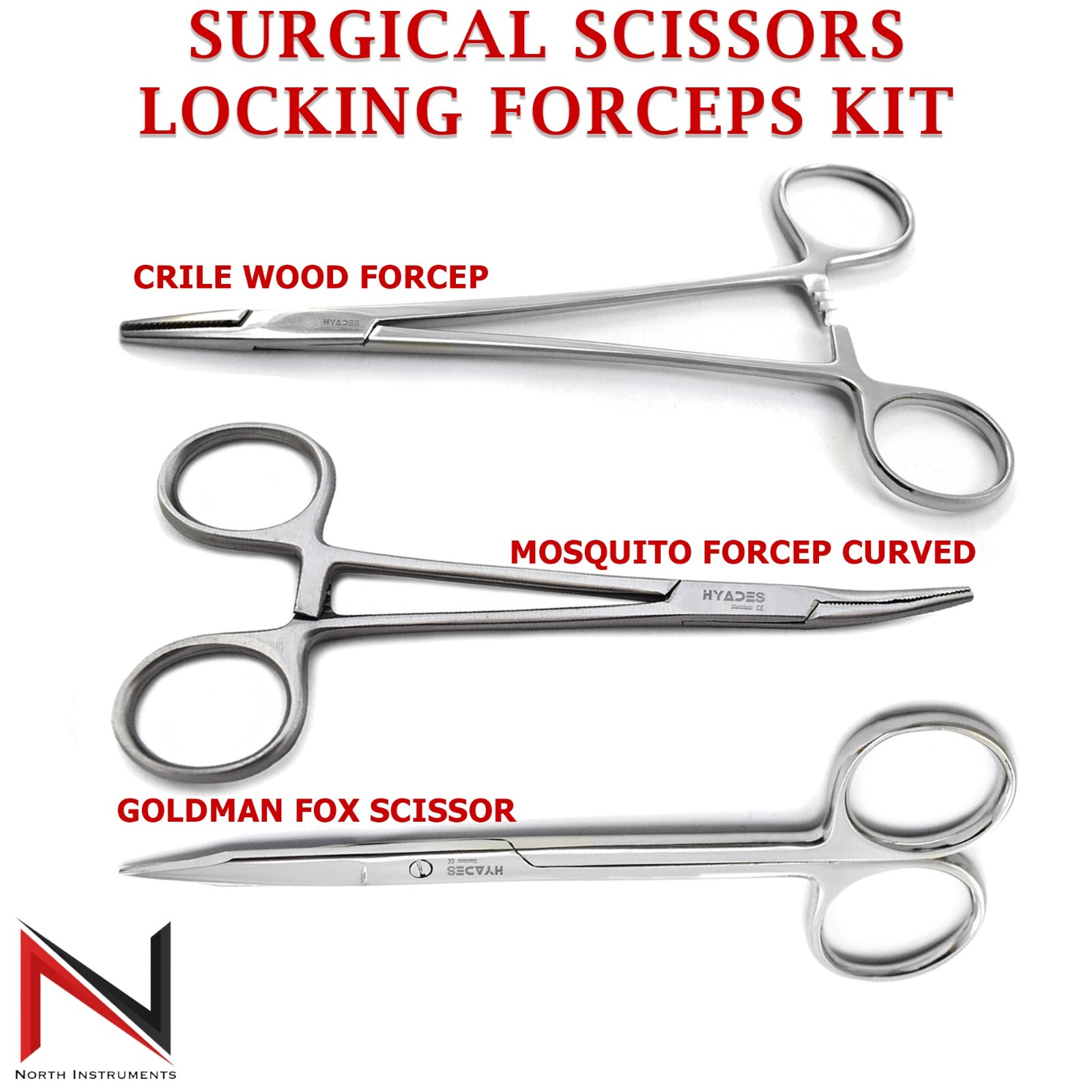 Surgical Crile Wood Forceps, Mosquito Forceps and Goldman Fox Scissors Lab Kit