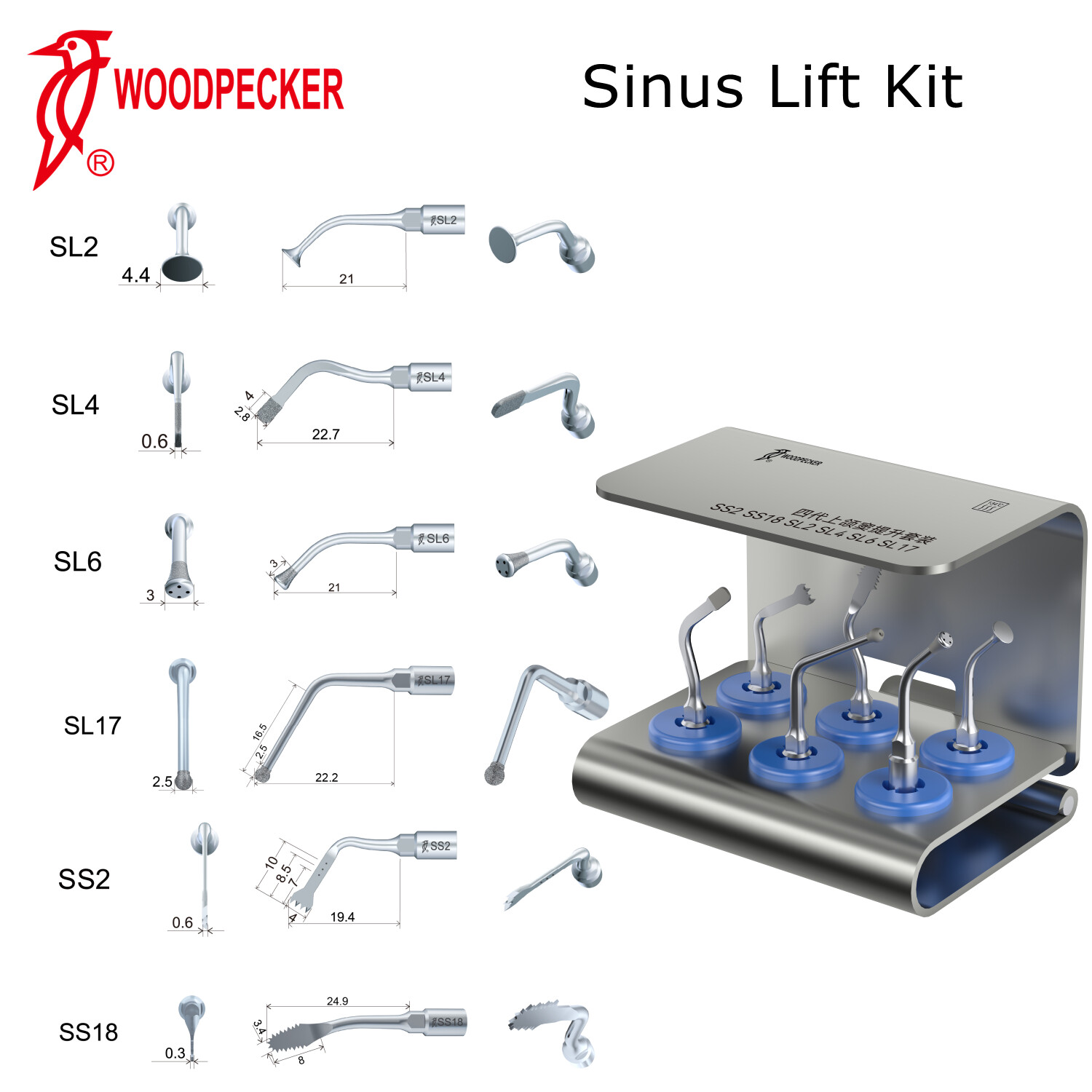 Woodpecker Ultrasonic Bone Surgery Tips Kit for Surgic Smart Satelec Handpiece